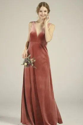 plunging v neck English rose velvet simple bridesmaid dress