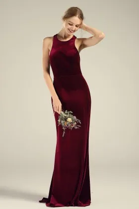 jewel neck sleeveless maroon velvet sheath bridesmaid dress