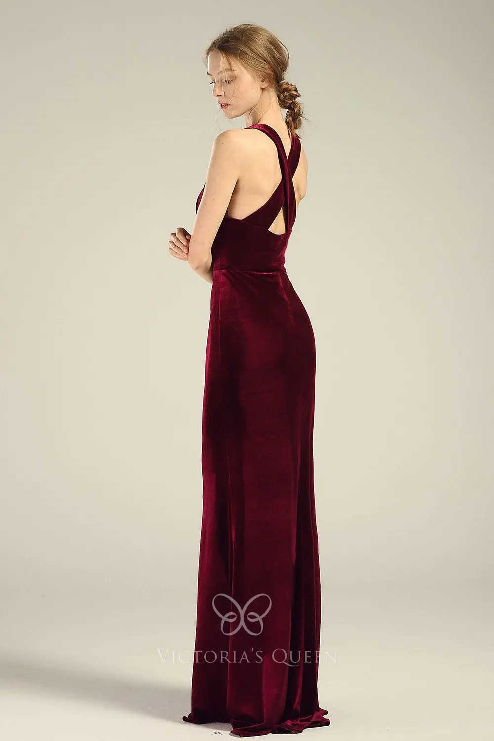 Jewel Neck Sleeveless Maroon Velvet Sheath Bridesmaid Dress - VQ