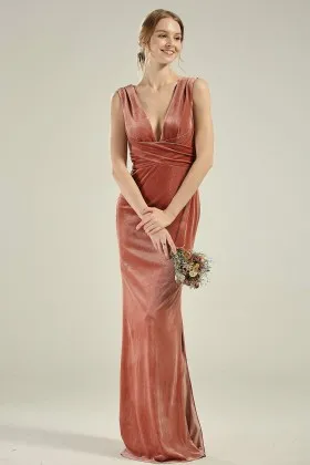 plunging v neck empire waist velvet long bridesmaid dress