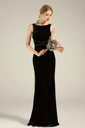 modern black velvet boat neck sheath long bridesmaid dress