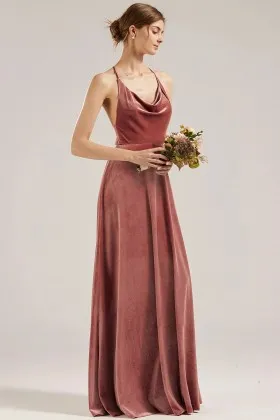 seductive cowl neck straps dusty rose velvet reception gown