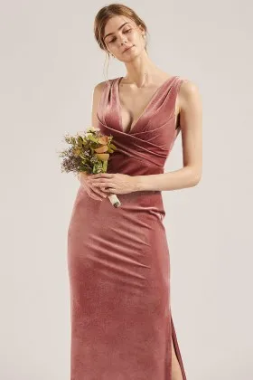deep v neck side slit dusty rose velvet bridal party dress