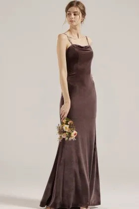 double spaghetti straps mocha velvet modern bridesmaid dress