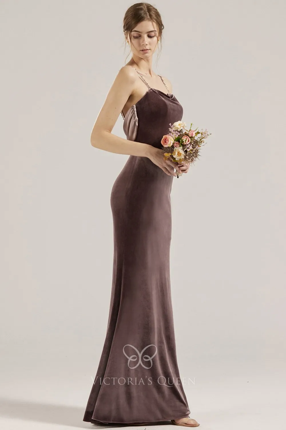 Double Spaghetti Straps Mocha Velvet Modern Bridesmaid Dress - VQ