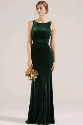boat neck sleeveless dark green velvet wedding party dress