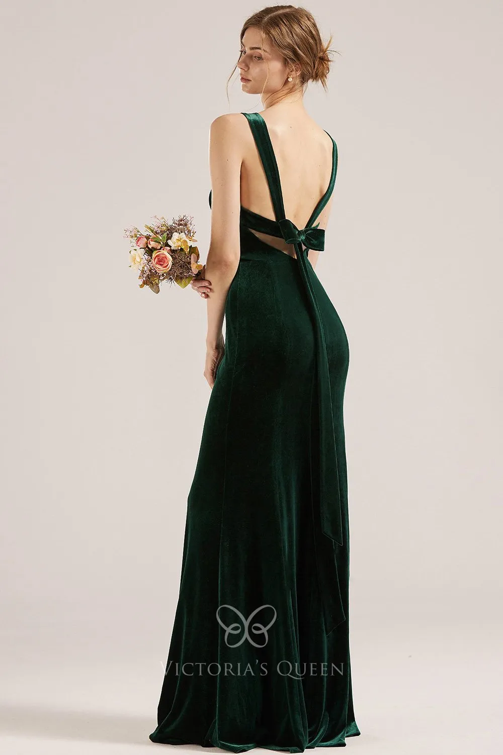 Boat Neck Sleeveless Dark Green Velvet Wedding Party Dress VQ