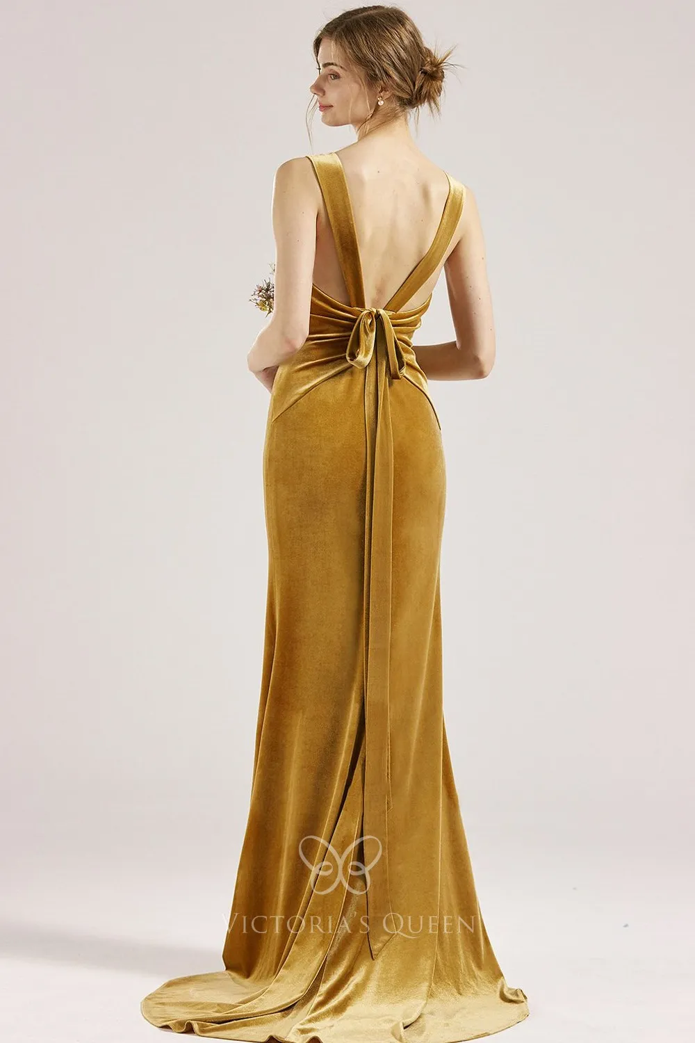 Wide Strap Ruched Ginger Velvet Low Back Bridesmaid Dress VQ