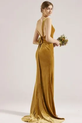 wide strap ruched ginger velvet low back bridesmaid dress