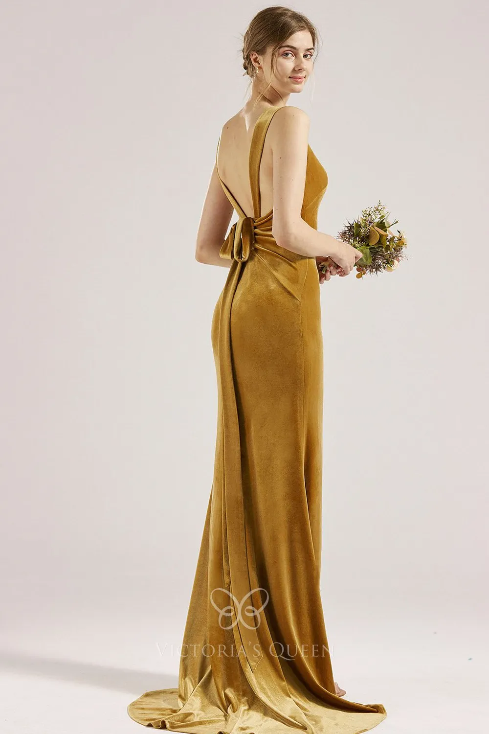 Wide Strap Ruched Ginger Velvet Low Back Bridesmaid Dress VQ