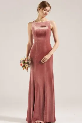 double neck design dusty rose velvet maid of honor dress