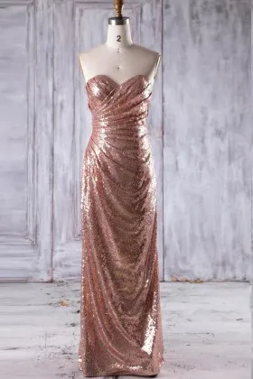 sparkly draped gold sequin long strapless bridesmaid dress