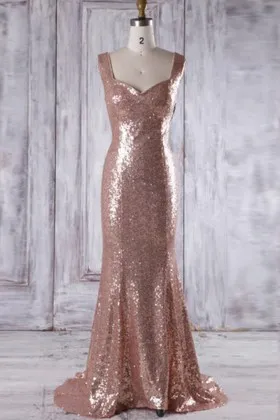sequined rose gold floor length bridesmaid evening gown