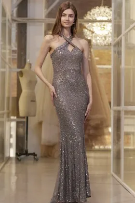 coffee brown sequin criss cross neckline slim mermaid dress
