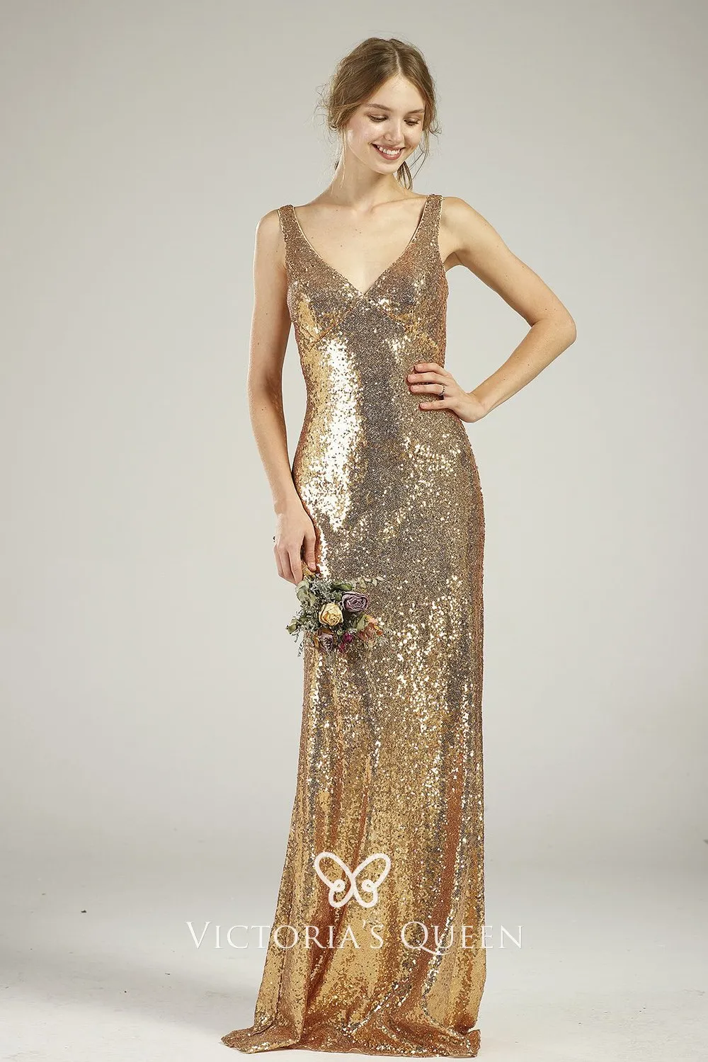 Gold Sequin V Neckline & Lace V Back Bridesmaid Dress - VQ