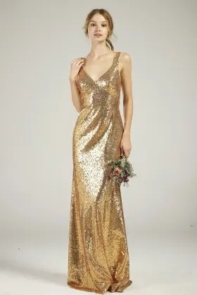 Gold Sequin Wide Straps V Neckline Lace V Back Bridesmaid Dress
