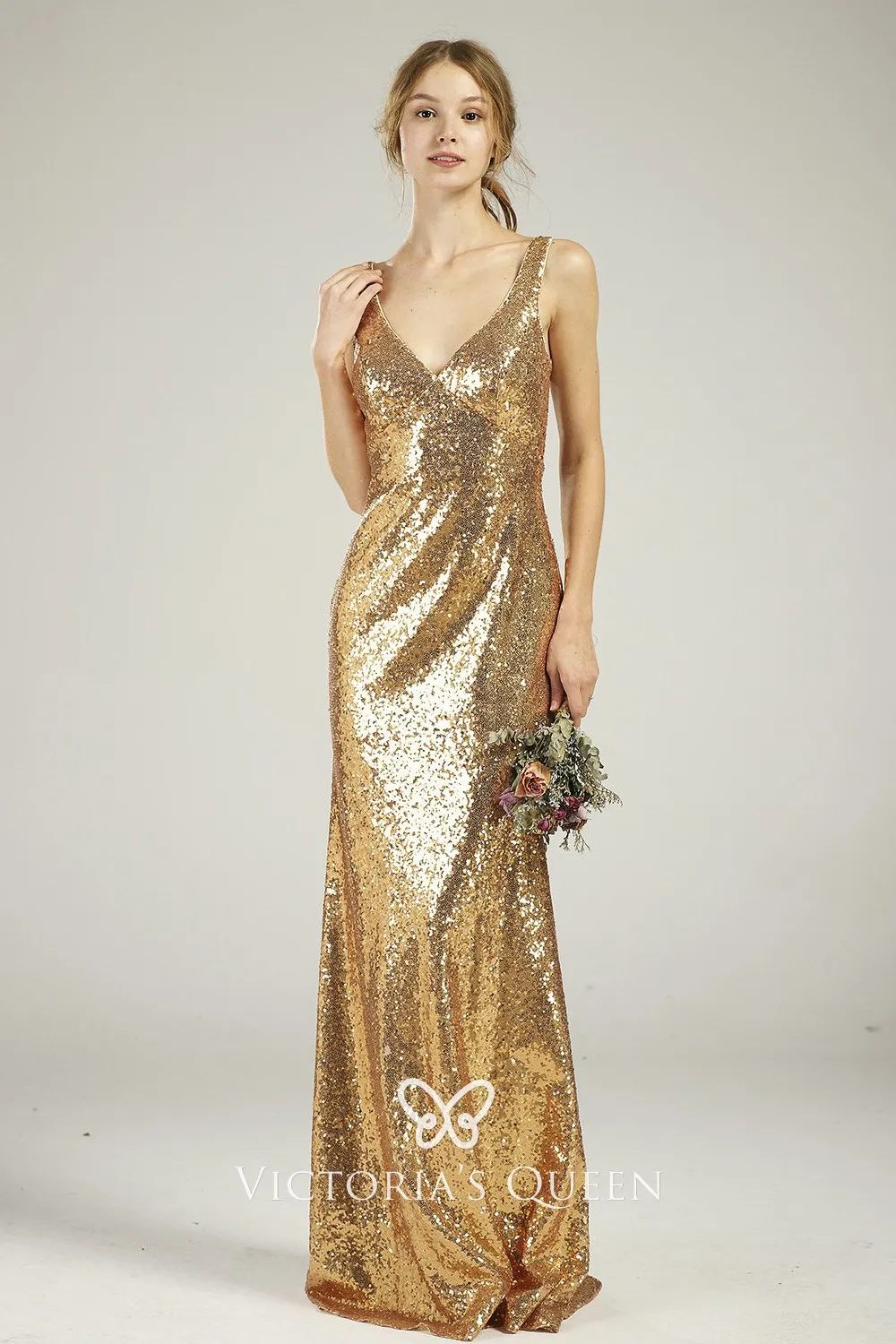 Gold Sequin V Neckline & Lace V Back Bridesmaid Dress - VQ