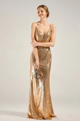 gold sequin plunge sweetheart neck v back bridesmaid dress