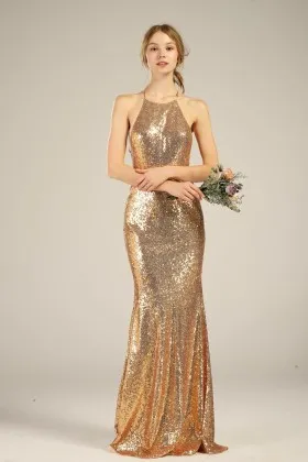 gold sequin halter neck mermaid bridesmaid dress