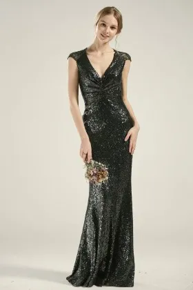 dark green sequin and lace cap sleeve bridesmaid dress