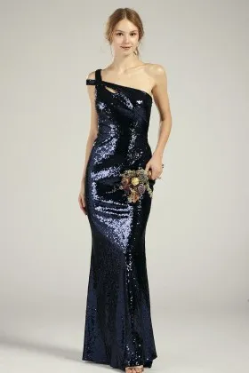 navy sequin asymmetrical double strap long bridesmaid dress