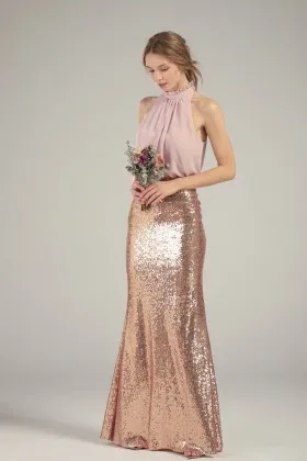 pink chiffon and rose gold sequin high neck bridesmaid dress