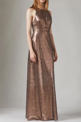 brown sequin sleeveless jewel neck long bridesmaid dress