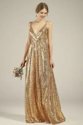 Gold Sequin Deep V neck Spaghetti Straps Shirred Bridesmaid Dress