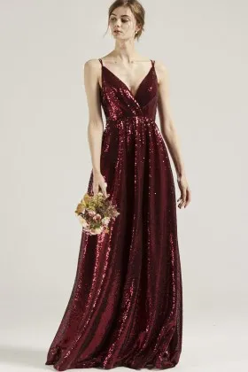 Red Wine Sequin Spaghetti Straps Deep V neck Bridesmaid Dress