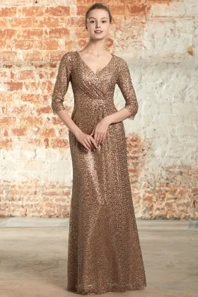 Bronze Gold Sequin V neck Half Sleeve Bridesmaid Dress