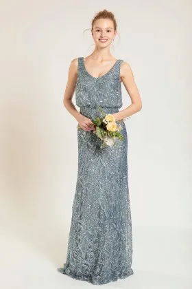 dusty blue geometric pattern sequin scoop neckline sleeveless long dress