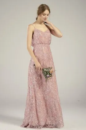 blush geometric pattern sequin spaghetti straps bridesmaid dress