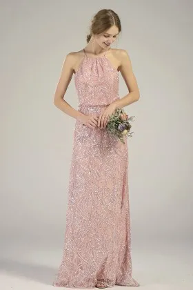 blush geometric pattern sequin halter neckbridesmaiddress