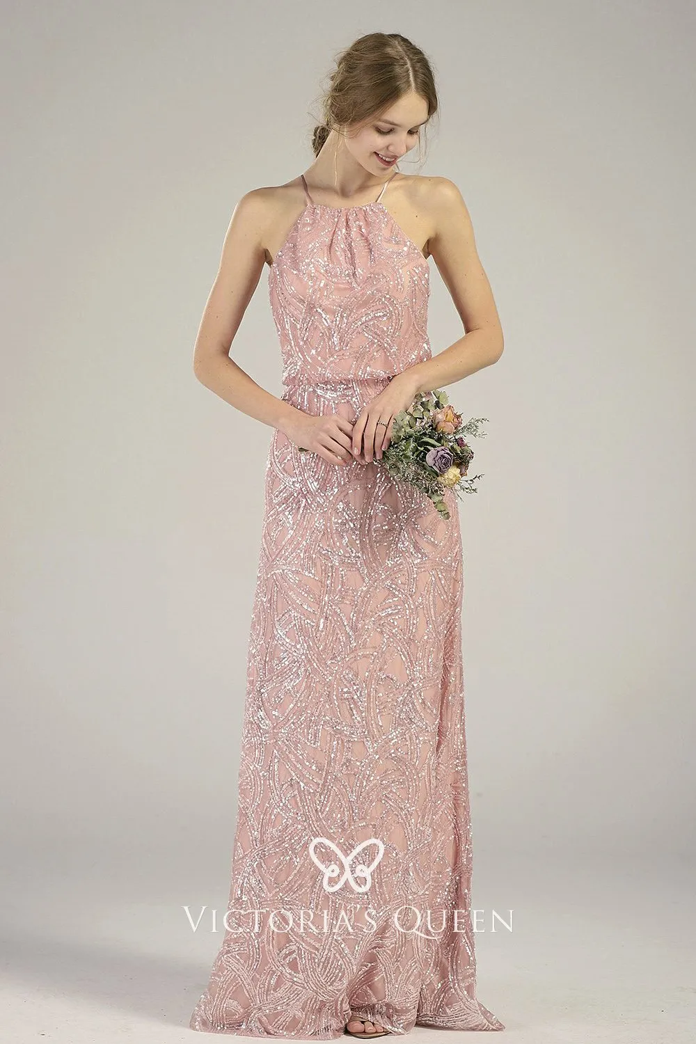 Blush Geometric Pattern Sequin HalterNeck Bridesmaid Dress VQ