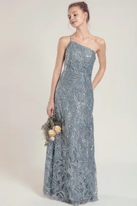dusty blue pattern sequin single strap asymmetrical neckline bridesmaid dress