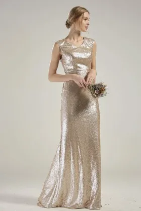 champagn sequin V neckline mermaid bridesmaid gown