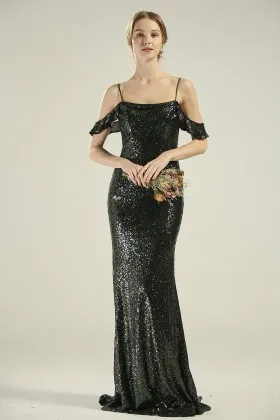 dark green sequin ruffled off shoulder and spaghetti straps bridesmaid dress
