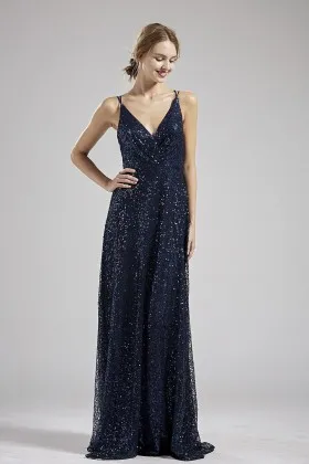 navy sequin v neck double spaghetti straps bridesmaid dress