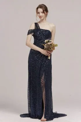 navy sequin one shoulder double straps bridesmaid dress
