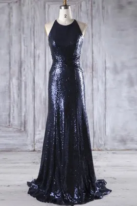 dark navy sequin halter A line bridesmaid dress