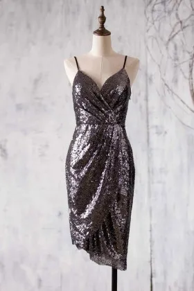 chocolate sequin asymmetrical ruched short bridesmaid dress
