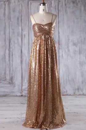 golden sequin empire waist A line pleated bridesmaid dress