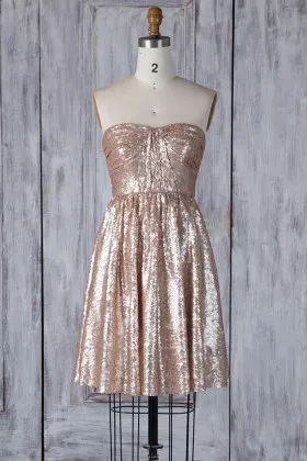 champagne gold sequin short A line strapless bridesmaid dress