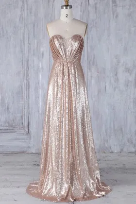 ruched champagne sequin strapless long bridesmaid dress