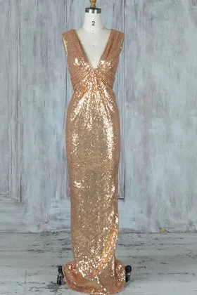 glitter gold sequin v neck sheath long bridesmaid dress