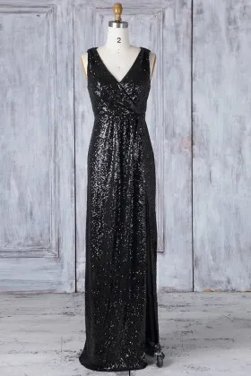 black sequin v neck column wide strapes bridesmaid dress