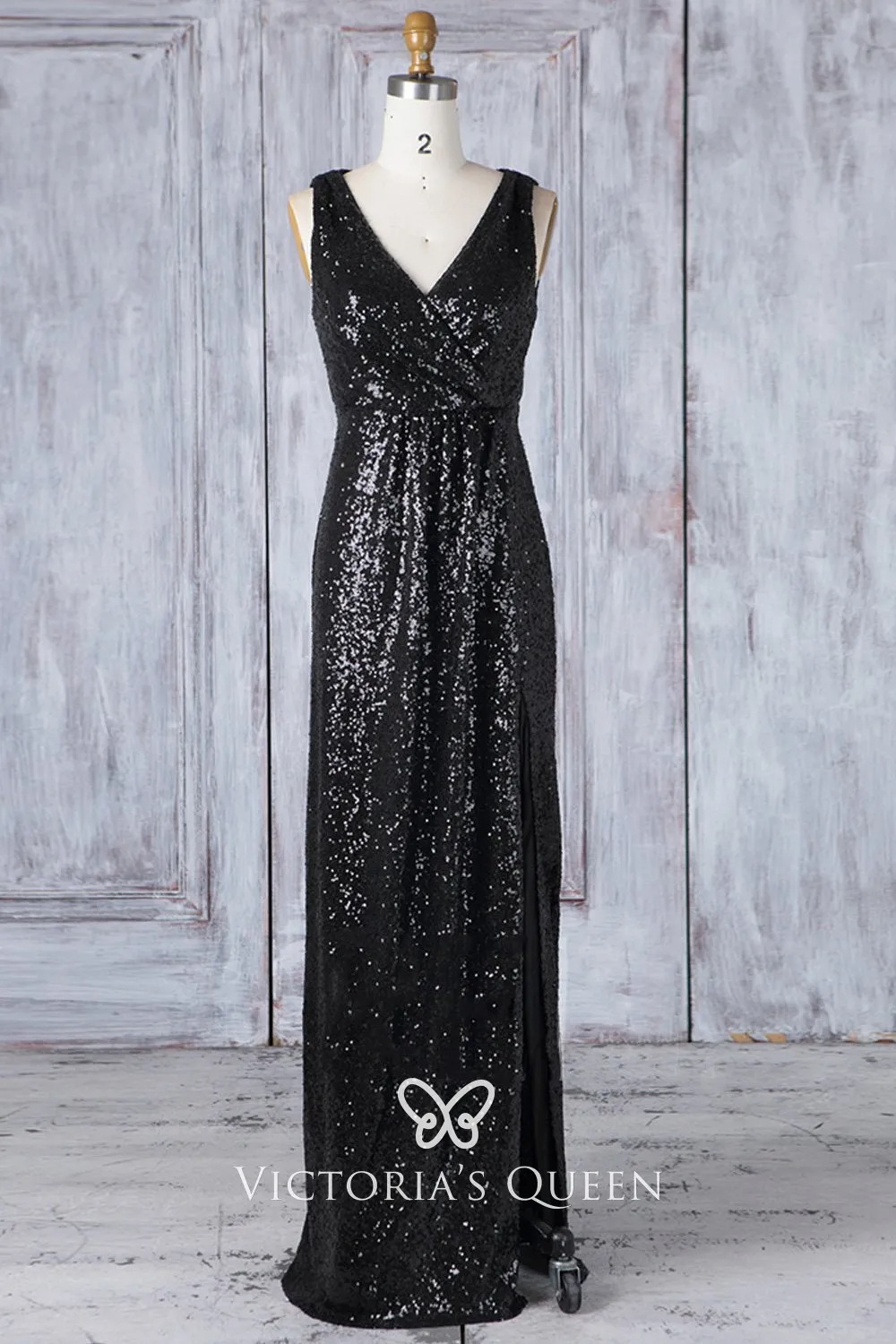 Black Sequin Vneck Column Wide Strapes Bridesmaid Dress VQ