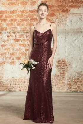 charming maroon sequin v neck spaghetti straps bridesmaid dress