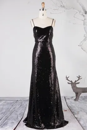 black sequin double spaghetti straps bridesmaid dress