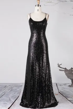 black sequin scoop neck spaghetti straps bridesmaid dress